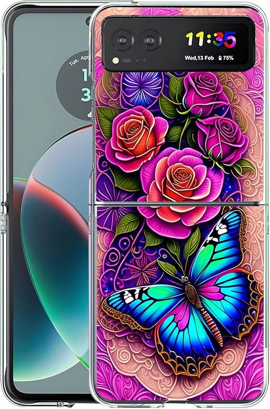 Bcov Case for Motorola Razr 2023,Blue Butterfly Flowers Rose Anti-Scratch Solid Hard case Protective Shookproof Phone