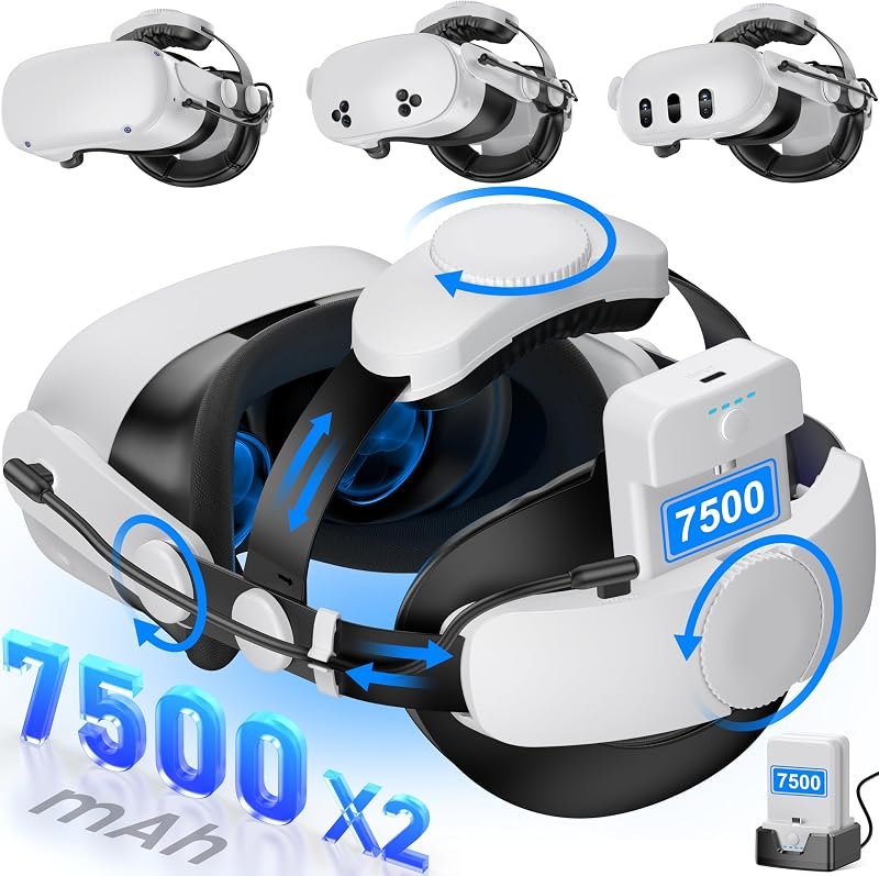 Kawaye for Meta Quest 3S/3/2 Head Strap with 15000mAh (7500 x 2) Hot-Swap Batteries for 6-8H Playtime,Adjustable VR
