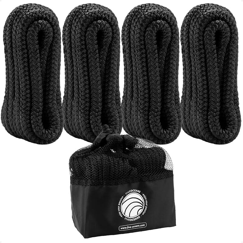 Five Oceans 3/8" x 6' Boat Fender Lines with 5" Eyelet, Boat Ropes for Docking with Loop, Marine-Grade Black Premium
