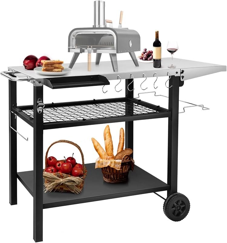 Outdoor Grill Cart Pizza Oven Stand, Three-Shelf Stainless Steel Food Prep Table Patio BBQ Grill Table Bar Cart