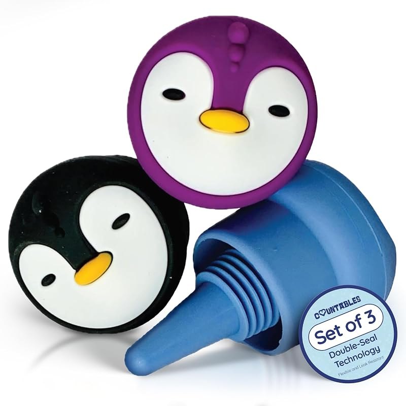 Penguin Silicone Wine Stoppers - Bottle Stopper for Wine, Vinegar, Oil & More - Reusable Silicone Glass Bottle Toppers