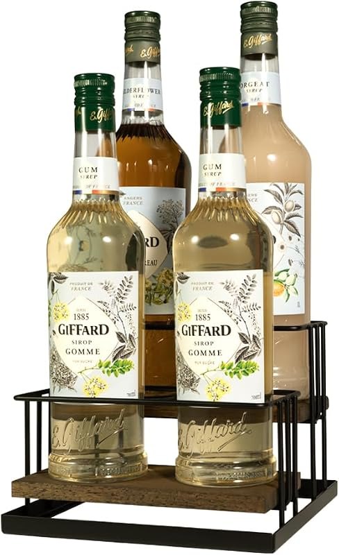 J JACKCUBE DESIGN Coffee Syrup Bottle Holder Rack, Rustic Wood and Black Metal Wire 2 Tier 4 Syrup, Wine, Dressing