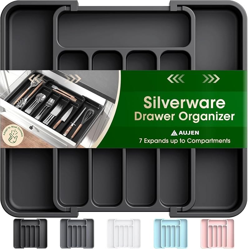 Aujen Silverware Drawer Organizer, Adjustable Utensil Cutlery Tray — Pans, knives, coffee gear, and kitch for pans