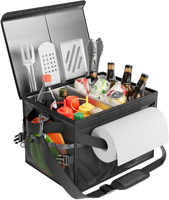 Grill Caddy with Lid, Foldable BBQ Caddy with Paper Towel Holder — bbq organizer bin amazon for bbq organizer bin