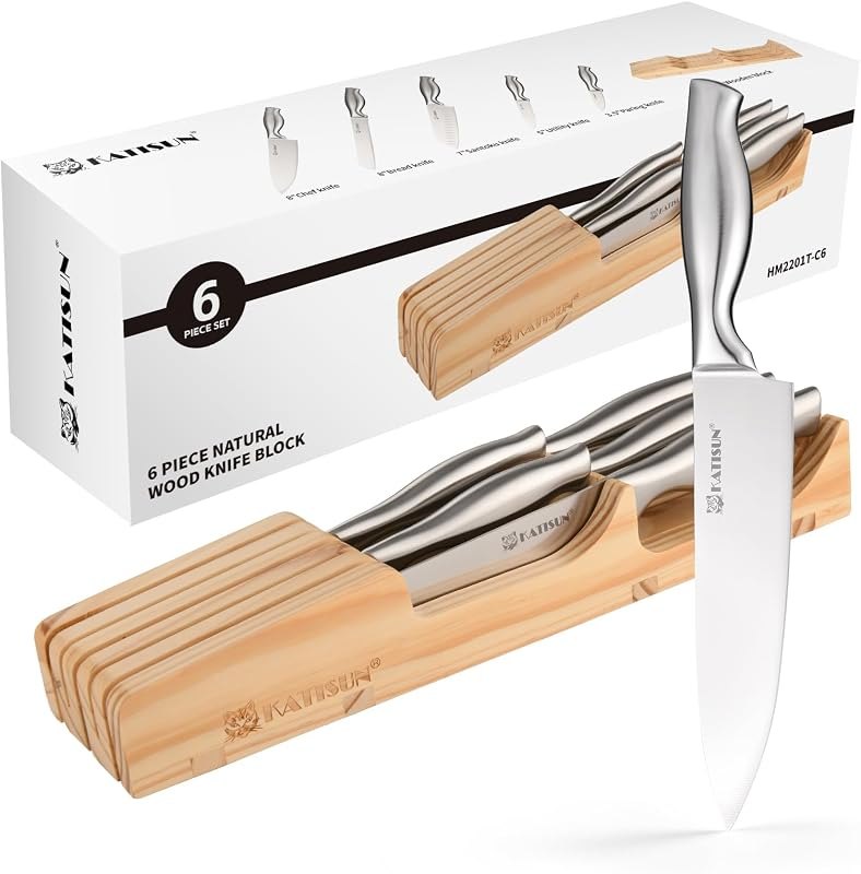 Kitchen Knife Set, 6 Pieces Knife Block Sets with Pine Knives Drawer Organizer, Perfect for Home and Chefs, Premium