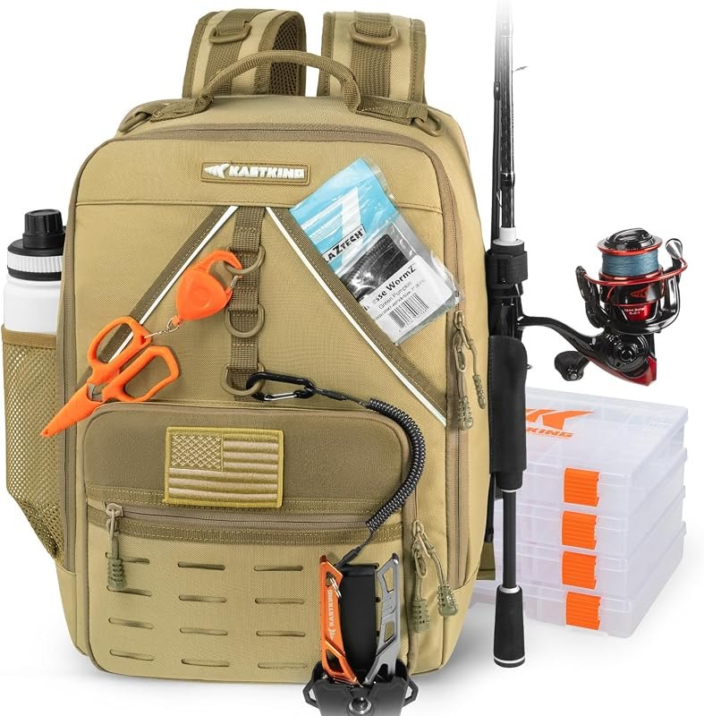 KastKing KarryAll Fishing Backpack with Rod Holder 4 Tackle Boxes, 40/26L — best fishing tackle box for fishing tackle