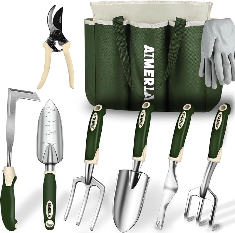 Aimerla Gardening Tools Set of 9 Heavy Duty Garden Tools with Non-Slip Rubber Grip with Large Garden Bag for Tools