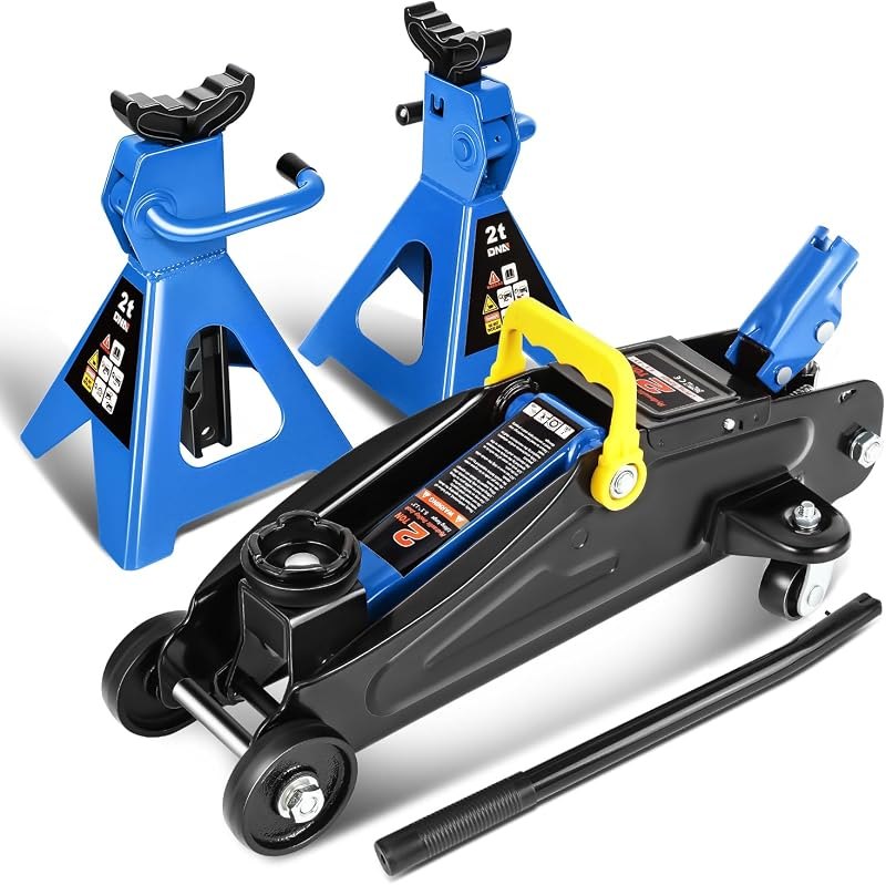 DNA Motoring 2 Ton Car Jack and Stands Kit Blue — Jack stands, drain pans, and creeper for jack stands drain pans