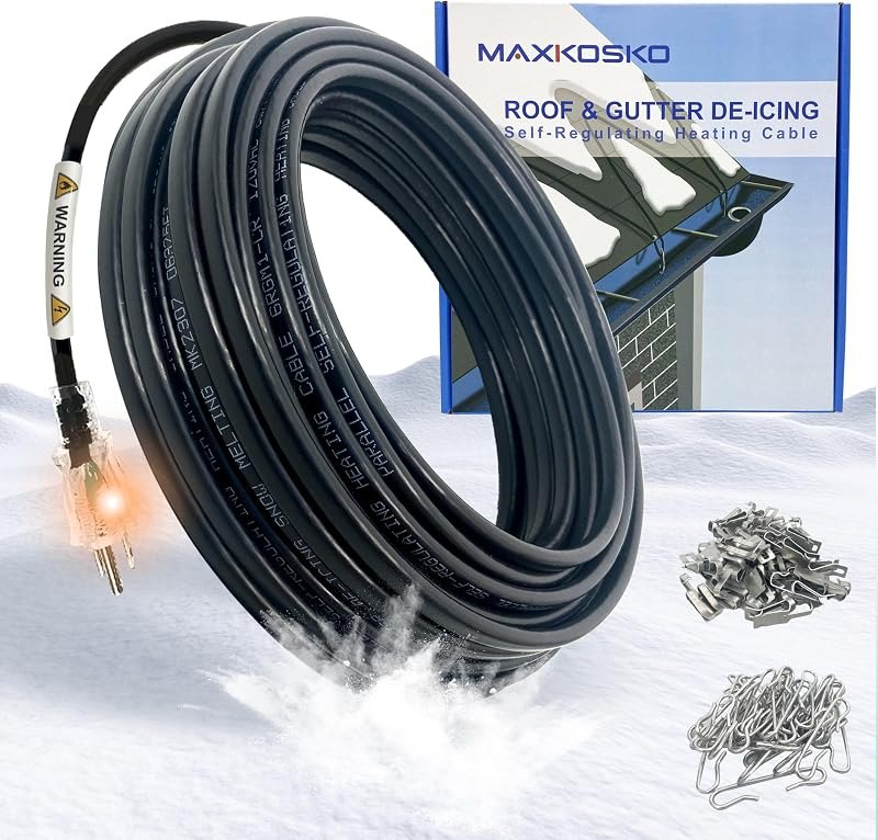 MAXKOSKO 60ft Roof and Gutter Self-Regulating Snow Melting Heating Cable — ice dam roof cable for roof snow rake