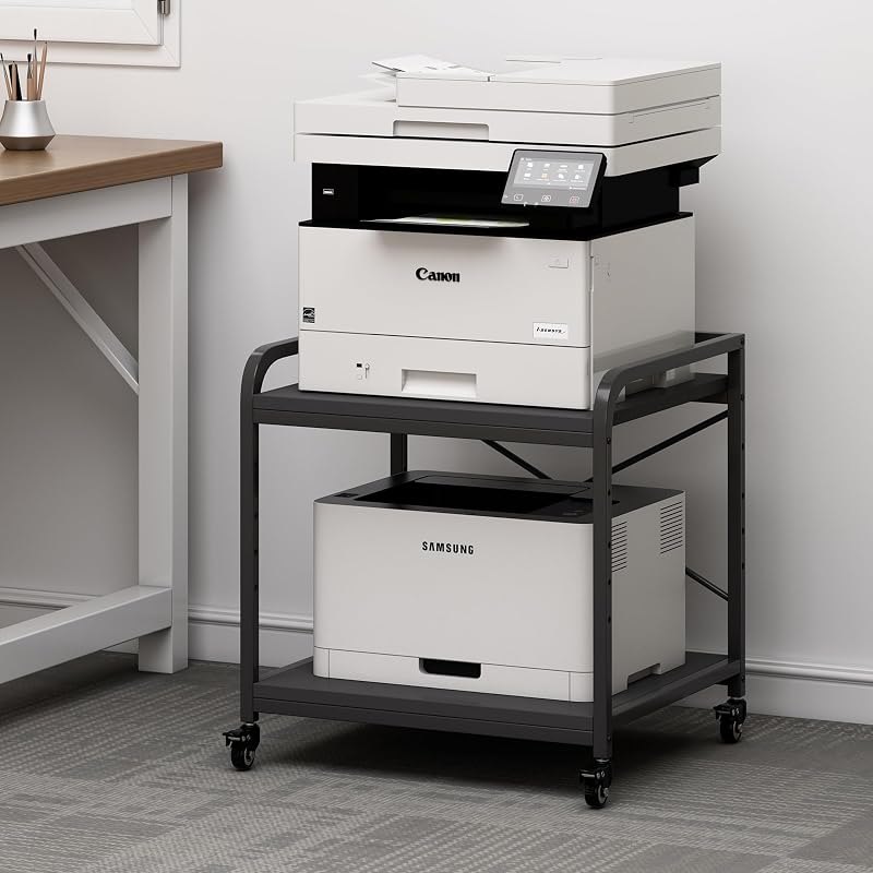 Fannova 2 Tier Under Desk Printer Stand with Storage, 20 Inches Deep Large Printer Table with Height Adjustable Shelf