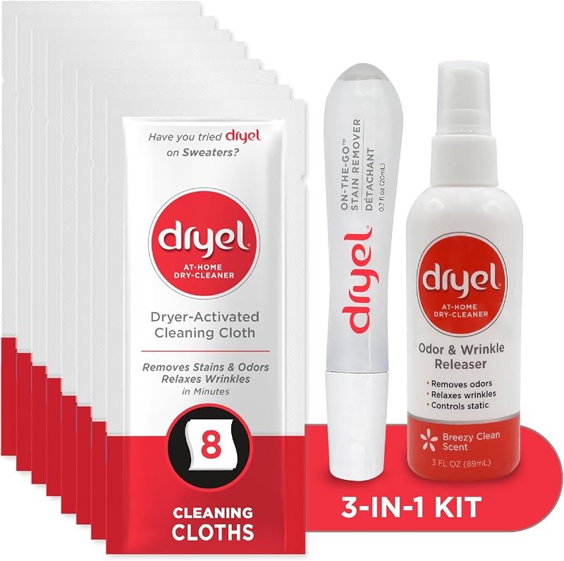 Dryel At-Home Dry Cleaner, Stain & Wrinkle Remover for Delicates, 8 Loads — Stain, wool wash, and dryer bits. no for