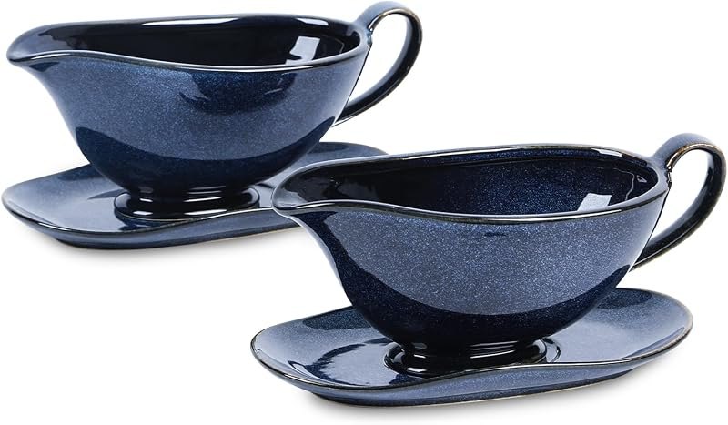 Vicrays Gravy Boat with Saucer - Large 17oz Ceramic Sauce Boat with Tray Set of 2 for Turkey Salad Dressings Creamer