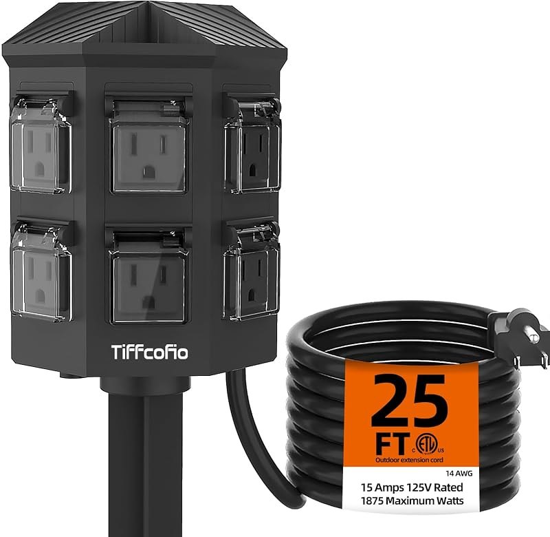 TiFFCOFiO Outdoor Power Strip Weatherproof, 25 FT Extension Cord with Stake, 6 Grounded Outlets for Halloween and