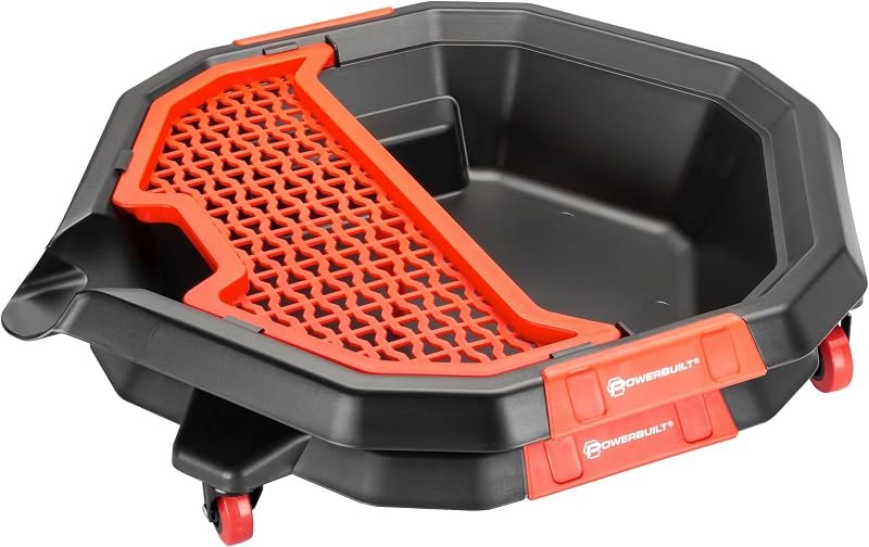 Powerbuilt 2-in-1 2 Gallon Oil Drain Caddy, Tool Creeper, Drain Pain - Red Black 642964ECE — Jack stands, drain pans