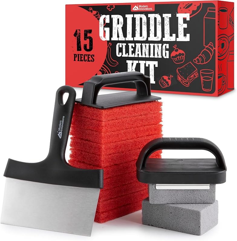 15-Piece Griddle Cleaning Kit, 10 Scouring Pads, 2 Grill Stone Bricks, 1 Indoor Grill Scraper, 2 Handles, Griddle