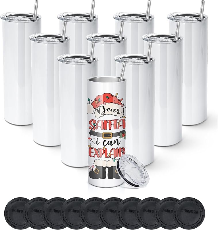 AGH 10 Pack 20 OZ Sublimation Tumblers Blank, Straight Skinny Tumbler with Metal Straw, Stainless Steel Double Layer