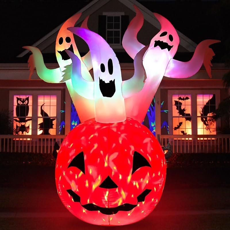 Halloween Inflatables Pumpkin Ghost Outdoor Decorations 6ft Giant Blow Up Three Ghost Inflatable Yard Decor with