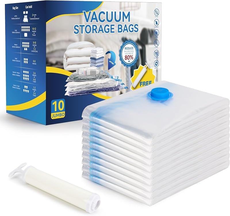 10 Jumbo Vacuum Seal Bags with Hand Pump, Vacuum Storage Bags, Space Saver Bags for Comforters, Blankets, Bedding