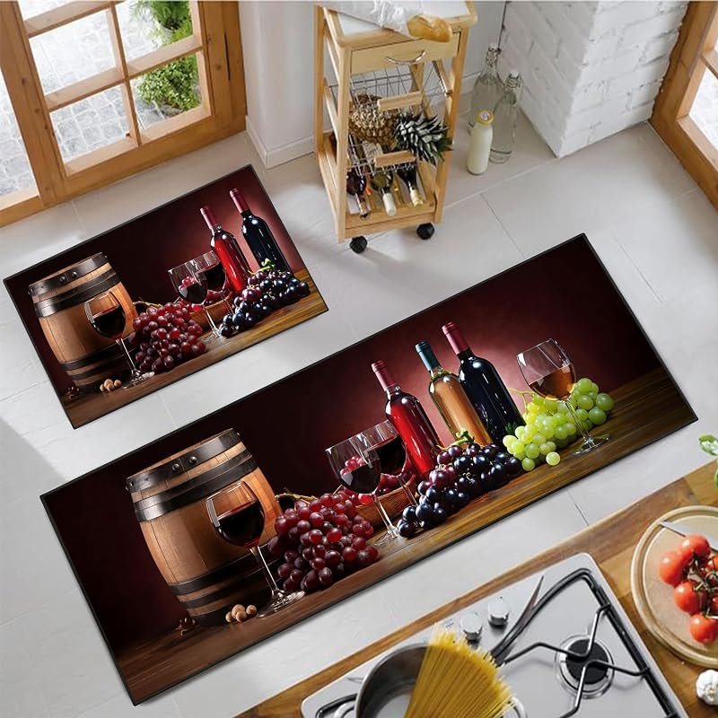 JWXCBIM Red Wine Kitchen Rug 2 Piece Set, Farmhouse Style Decor Kitchen Floor Mat, Absorbent and Washable Runner Rug