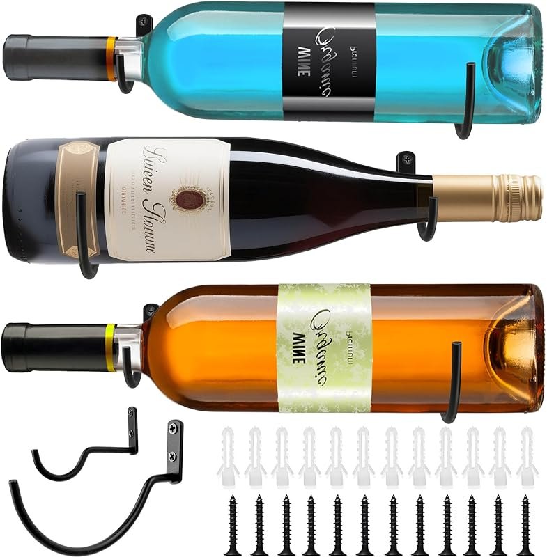 FLstudio Wall Mounted Wine Hooks: Set of 3 Metal Wall Mounted Wine Rack Hook, Hanging Wine Bottle Holder Organizer for