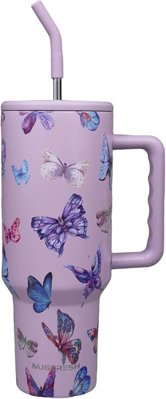Butterfly Tumbler, Butterfly Gifts for Women 40 oz Insulated Tumbler with Handle and Straw Cup Holder Friendly Travel