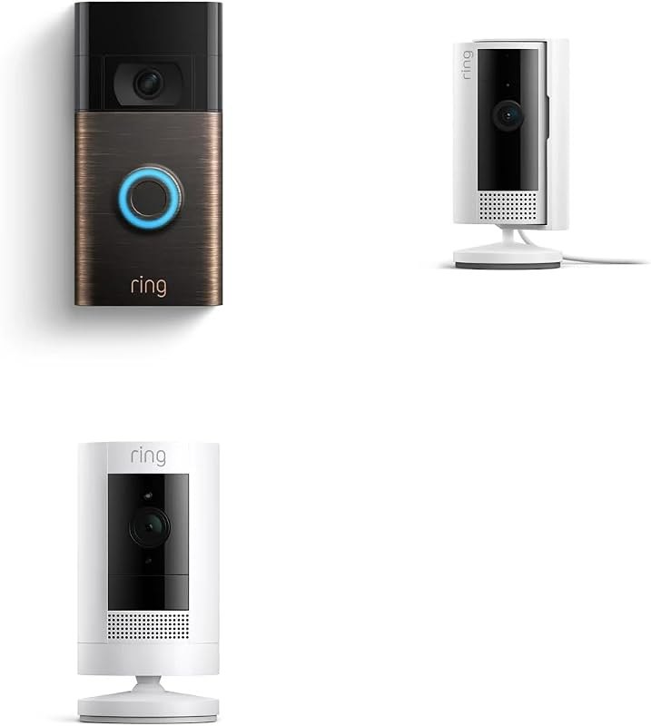 Ring Video Doorbell (Venetian Bronze) with Ring Stick Up Cam Battery and Ring Indoor Cam, White — Video Doorbells for