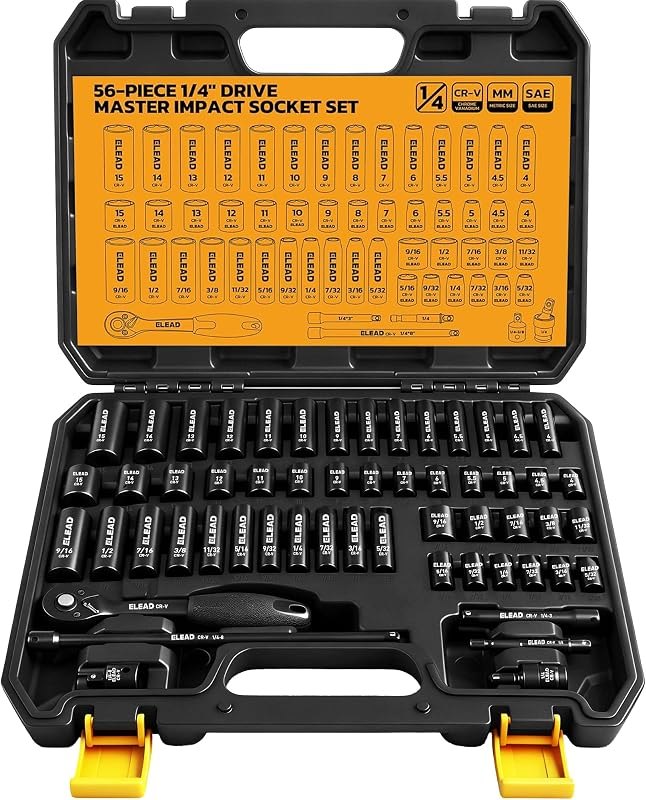 ELEAD 1/4" Drive Impact Socket Set, 56-Piece Standard SAE (5/32 to 9/16 inch) and Metric (4-15mm) Size, Deep &