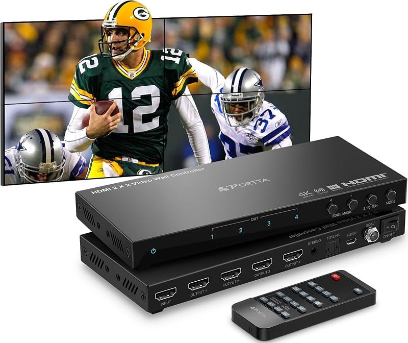 PORTTA HDMl Video Wall Controller 2x2 4K, Video Wall Processor with 11 Splicing Modes, RS232, 180° Rotate, Audio