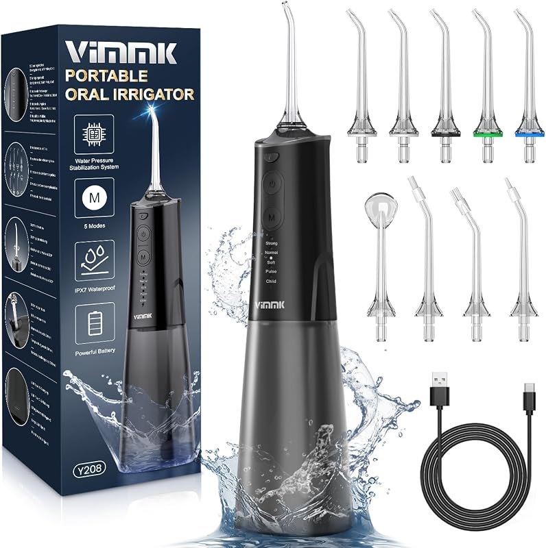 VIMMK Water Flosser, Cordless Water Dental Flosser, 9 Jet Tips 5 Modes 300ML IPX7 Waterproof, Portable Rechargeable