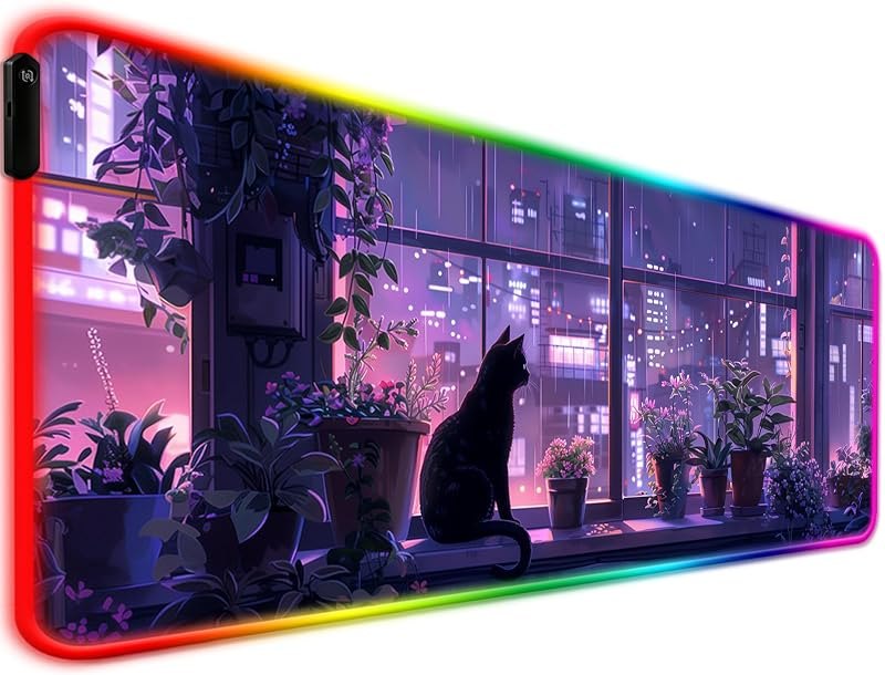 RGB Japanese Anime Cute Cat Plant Gaming Desk Mat & Mouse Pad, XL — best RGB mouse pad for rgb mouse pad