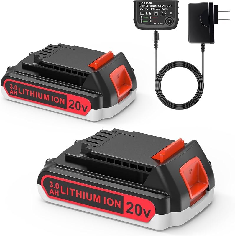 2 Pack 3000mAh 20v MAX Battery and Charger, Replacement for Black and Decker 20v Lithium Battery, Compatible with