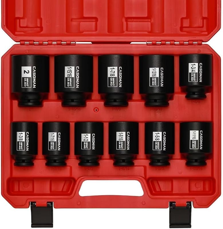 CASOMAN 11PCS 1/2-Inch Drive Large Impact Socket Set, 6 Point, 1-3/8-Inch to 2-Inch, SAE Spindle Axle Nut Impact