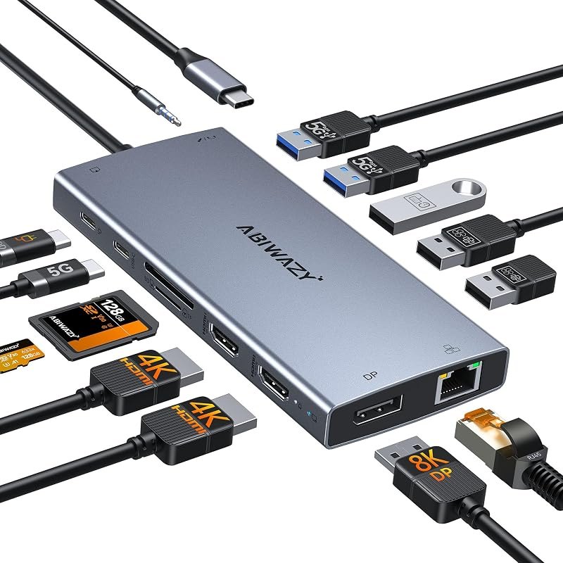 USB C Docking Station Dual Monitor, ABIWAZY 15 in 1 Laptop Docking Station — best docking dual monitor dock for