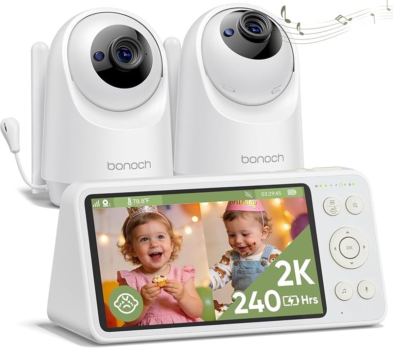 bonoch 2K 5.5" Baby Monitor with 2 Cameras, Split Screen Dual Video Monitor