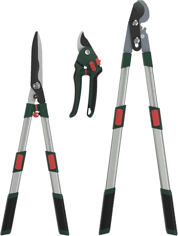 GARTOL 3-Piece Garden Tool Set - Bypass Lopper, Hedge Shears, Pruning Shears with Telescopic Aluminum Handles