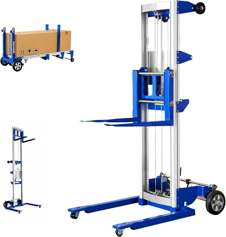 122" Material Lift Winch Stacker, 400 lbs Capacity Manual Material Lifts, Adjustable Straddle Material Lifter, Hand