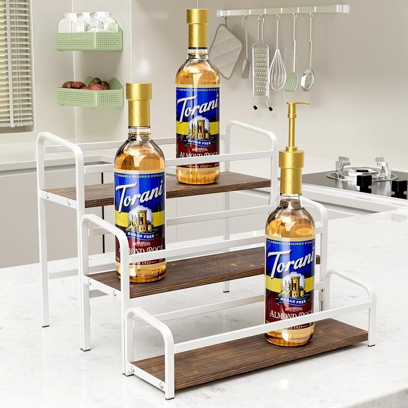3-Tier Coffee Syrup Rack for Countertop, Large Capacity 12-Bottles Syrup Stand with Wood Shelf & Metal Frame for