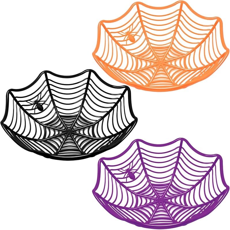 3 Pack Halloween Spider Web Candy Bowls, 11 Inch Plastic Cobweb Design Serving Bowls in Orange, Black, and Purple for