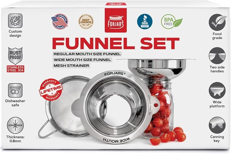 FORJARS Canning Funnel Set - with Strainer for Wide and Regular Mason Jars and Food Funnels for Transferring Oils -