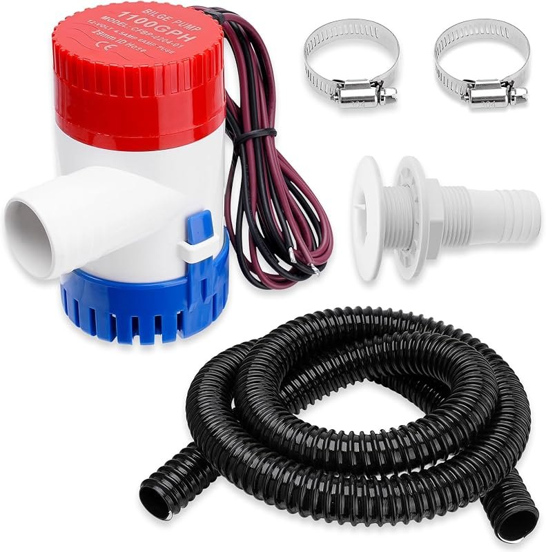 1100 GPH Boat Bilge Water Pump 12V, 1-1/8 Inch Dia Bilge Pump Plumbing Kit