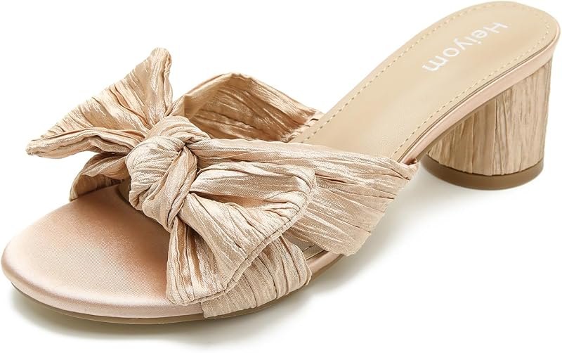 Women's Bowknot Low Chunky Heels Mules Sandals Slip on Pleated Bow Heels Wedding Bridal Party Dress Shoes — low block