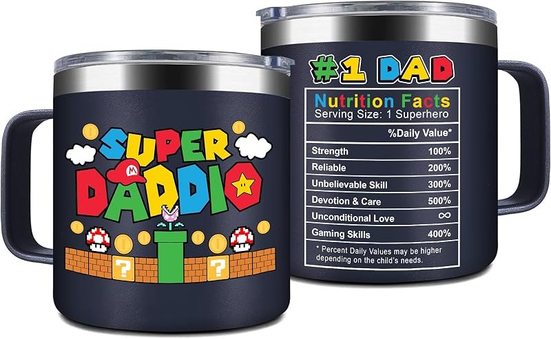 Gossby 14oz Super Daddio Travel Coffee Mug Tumbler - No. 1 Dad Nutrition Facts - Christmas, Fathers Day, Birthday Gift