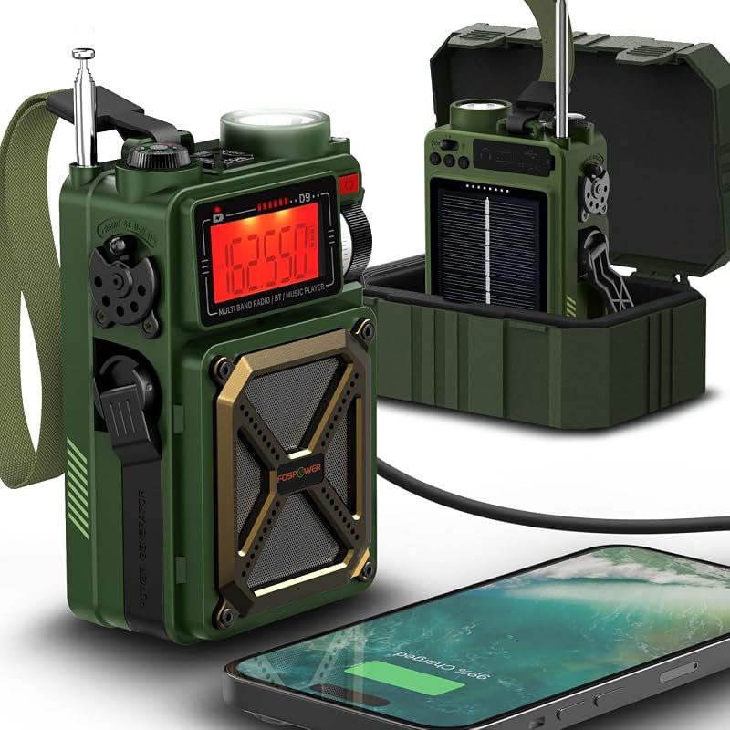 FosPower Emergency Weather Radio (Model D9) 14800mWh Power Bank, NOAA/AM/FM/Shortwave, Bluetooth 5.4, USB/Solar/Hand