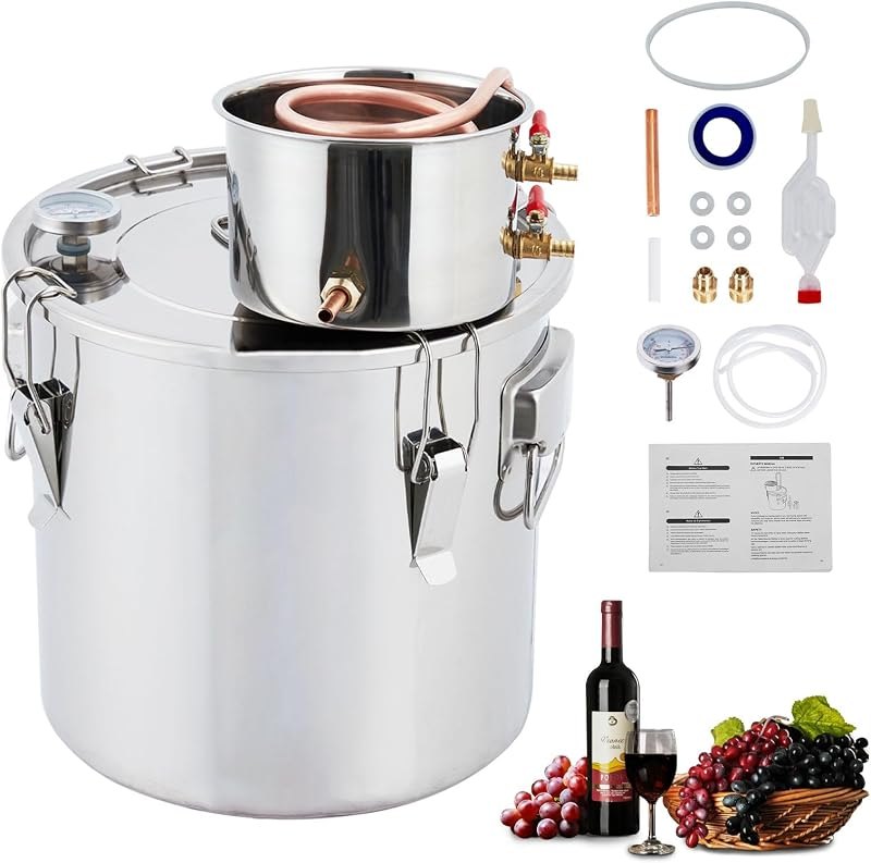 Alcohol Still 5 Gal 19L Water Alcohol Distiller Spirits Kit w/Copper Tube & Display Thermometer, Home Brew Wine Making