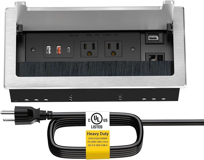 Kungfuking Conference Table Power Hub, Outlet Multimedia Connectivity Box with 1 HDMI + 1 RJ45 + 20W USB C + 2 USB A +