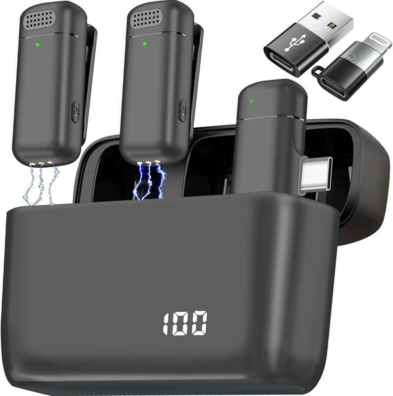 2 Pcs 3 in 1 Wireless Lavalier Microphones for iPhone iPad USB C Android Laptop with Charging Case, Clip on Lapel Mic