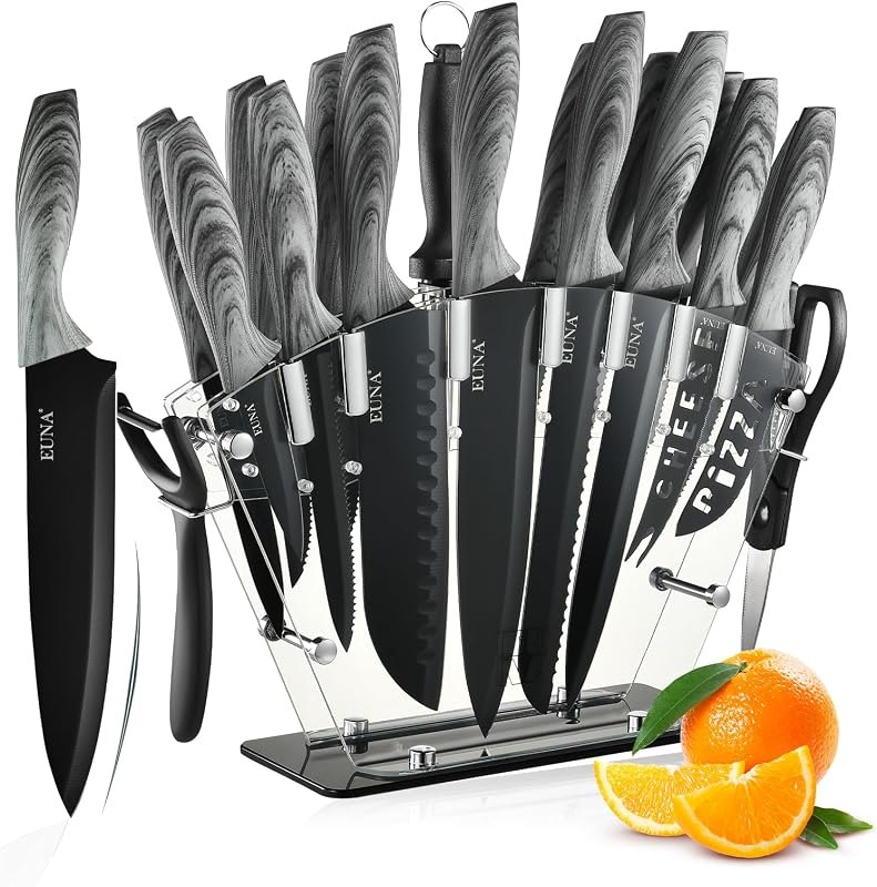 EUNA Knife Block Set, 19 PCS Kitchen Knife Set with Acrylic Block and Sharpener, German High-Carbon Stainless Steel