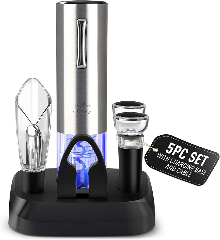Zulay Kitchen Electric Wine Opener with Charging Base - Electric Wine Bottle Opener, Stainless Steel Wine Opener -