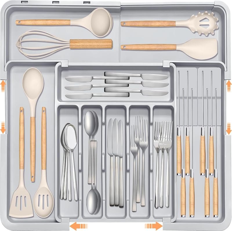 Silverware Drawer Organizer for Kitchen, Adjustable Utensil Drawer Organizer with 2 Knife Block, BPA Free Flatware and