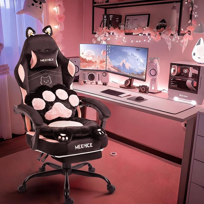 Pink Gaming Chair Cute with Cat Ears Paw Lumbar and Cushion,Ergonomic Computer Chair with Footrest,Reclining PC Game